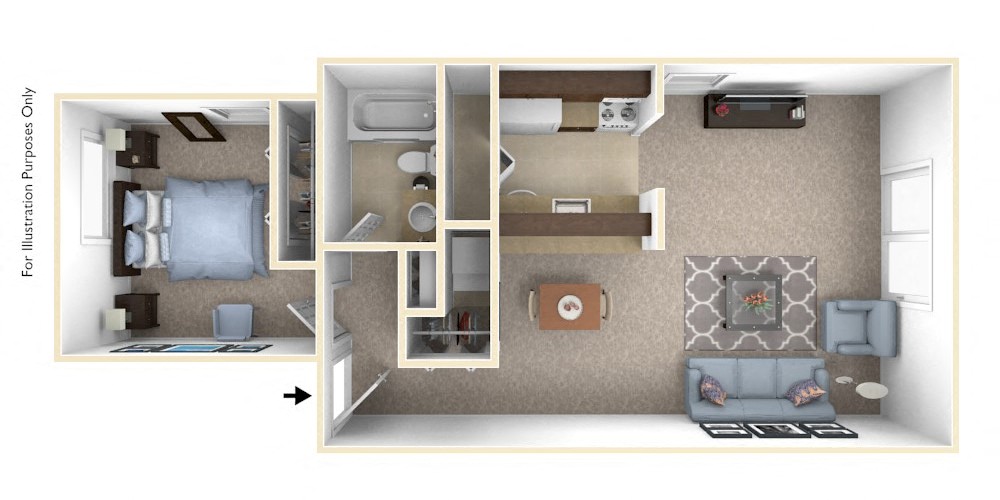Floor plan for 1 bed, 1 bath, 850 sqft